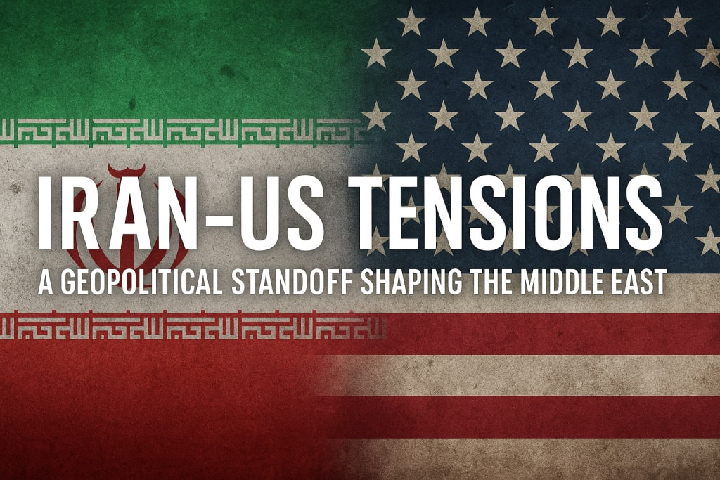 An illustration showing the flags of the United States and Iran, symbolizing rising political and military tensions between the two countries.